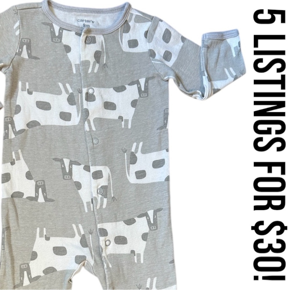 Carter’s Cow Themed Modern Button Footies Size 9 Months Unisex One-Piece